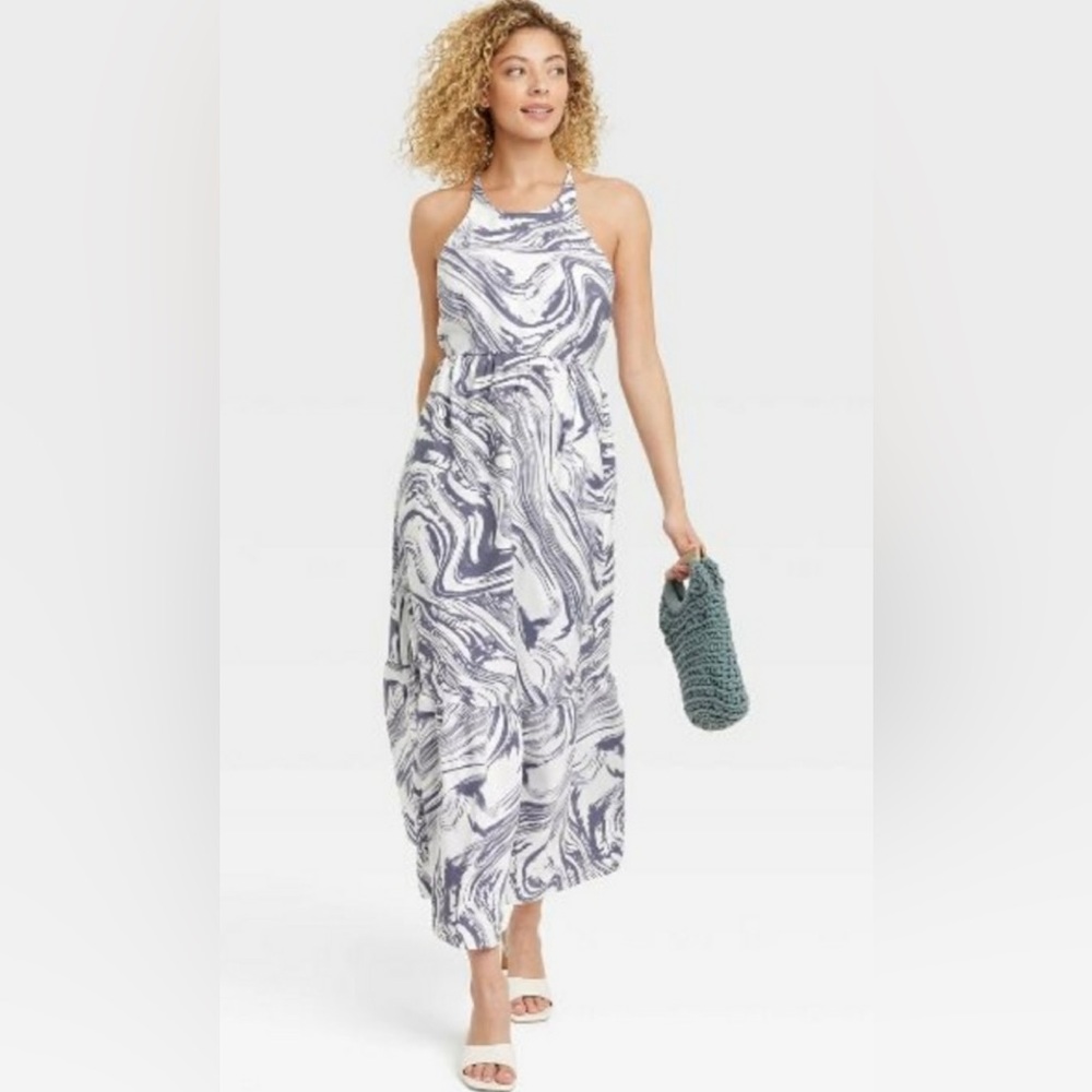 A New Day Women's beautiful with with gray toned Blue Marble Swirl Sun Dress med